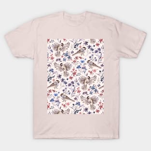 Chickadees and Wildflowers on cream T-Shirt